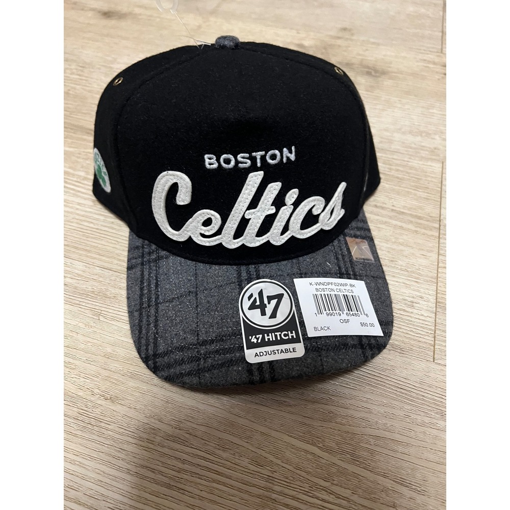 Boston Celtics 47 Brand Hitch Windowpane Snapback Hat Black Grey Plaid NWT‎